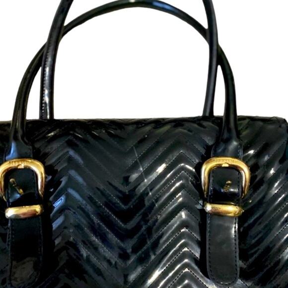 Ted Baker London Black Patent PVC Quilted Gold Logo Zip Buckle Agathis Bag Purse - Picture 5 of 11